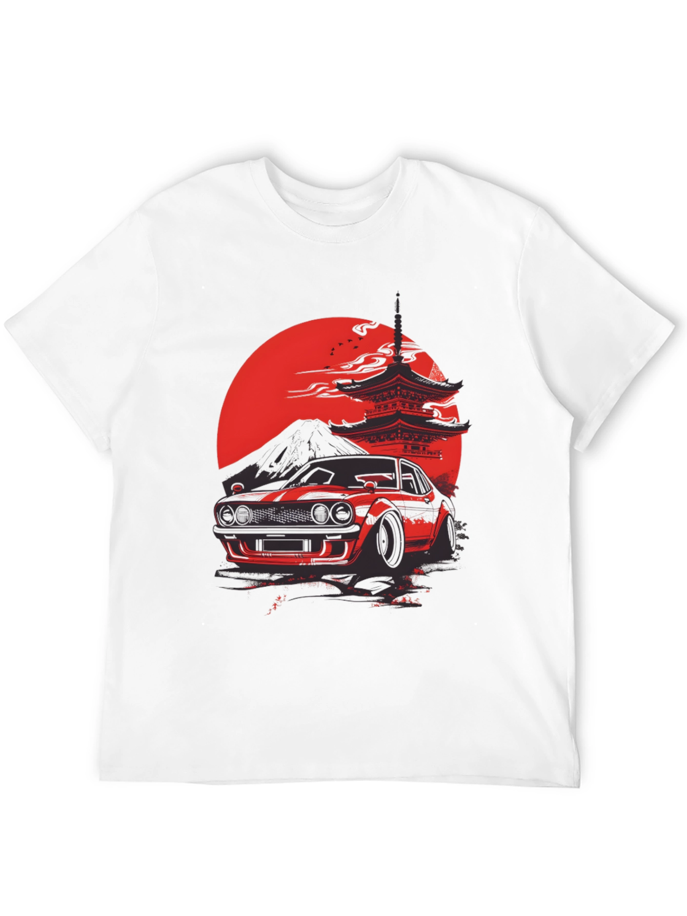 Red Japanese Car & Temple Black T-Shirt