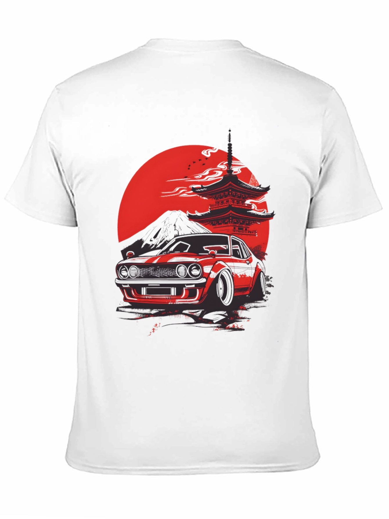 Red Japanese Car & Temple Black T-Shirt