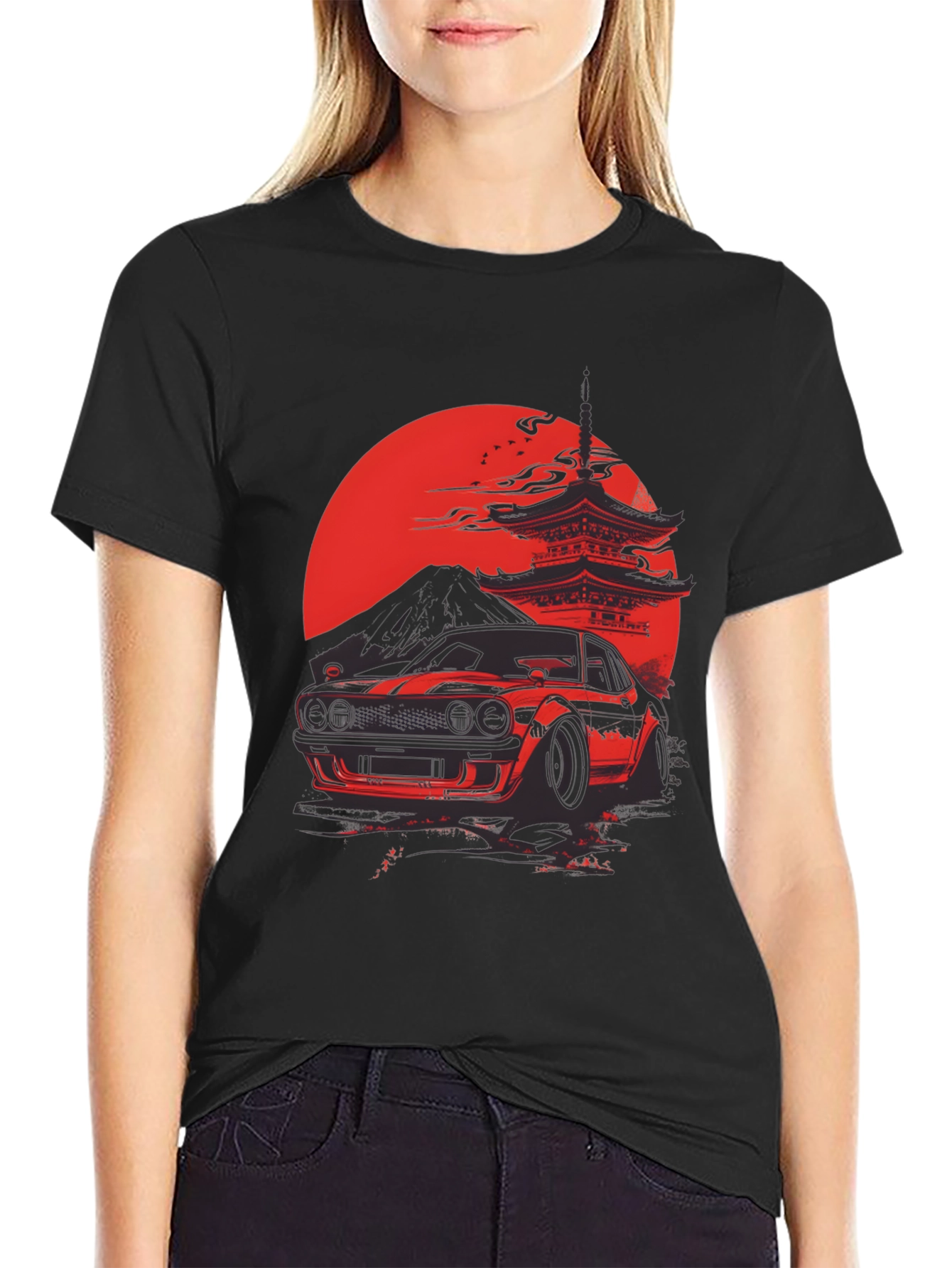 Red Japanese Car & Temple Black T-Shirt