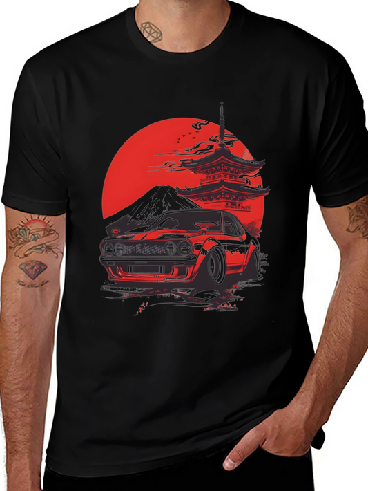 Red Japanese Car & Temple Black T-Shirt