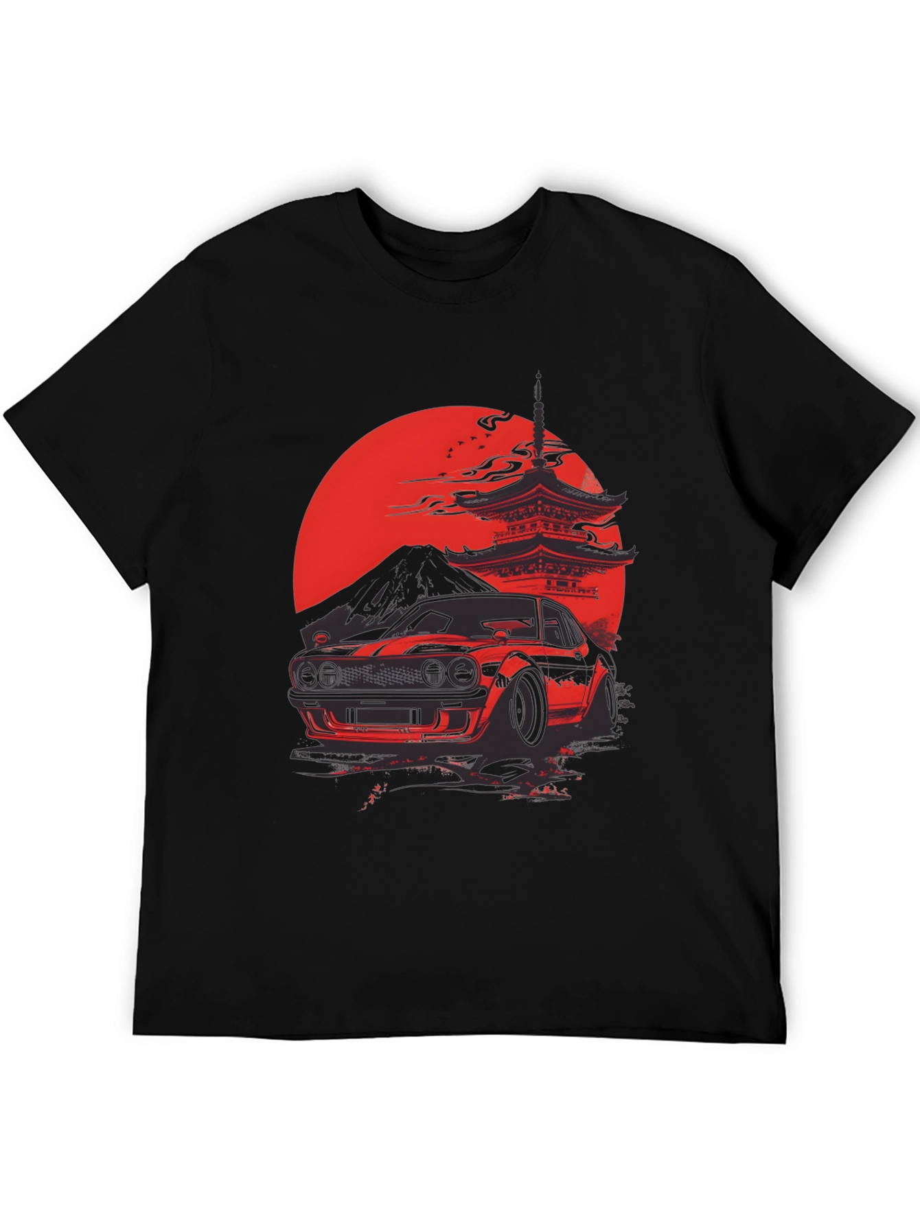 Red Japanese Car & Temple Black T-Shirt