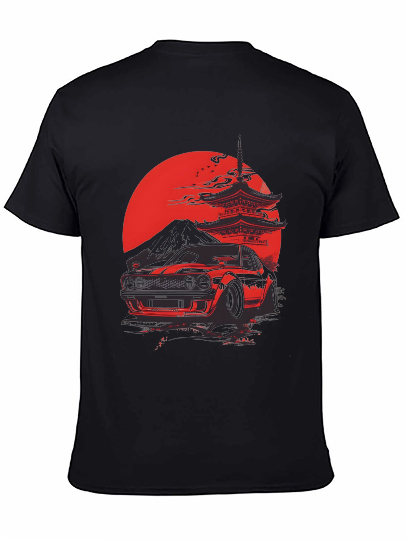 Red Japanese Car & Temple Black T-Shirt