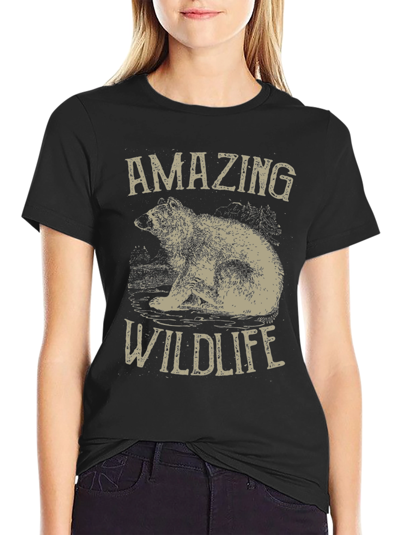 Amazing Wildlife Bear Graphic Tee - Black Cotton Shirt
