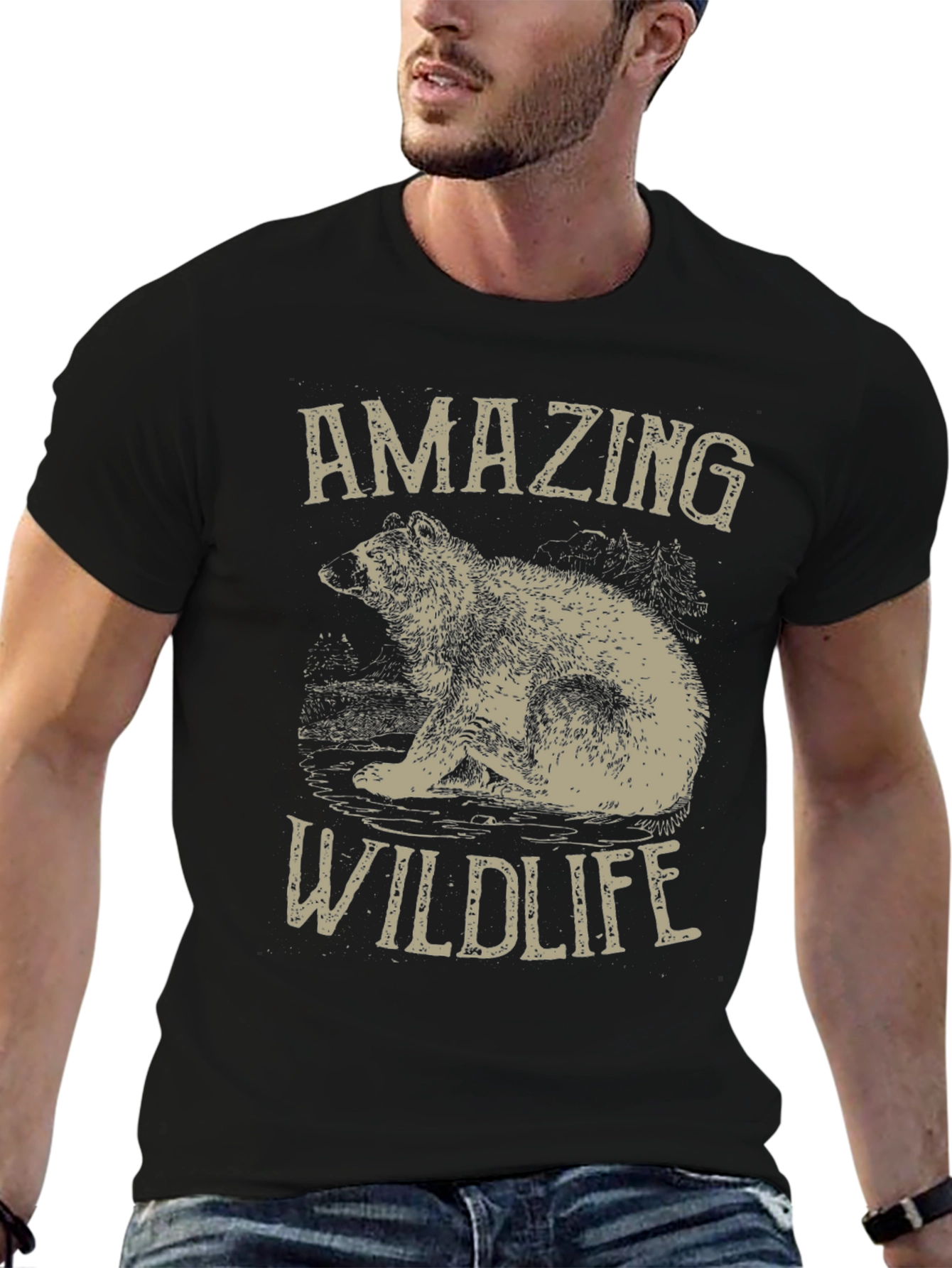 Amazing Wildlife Bear Graphic Tee - Black Cotton Shirt