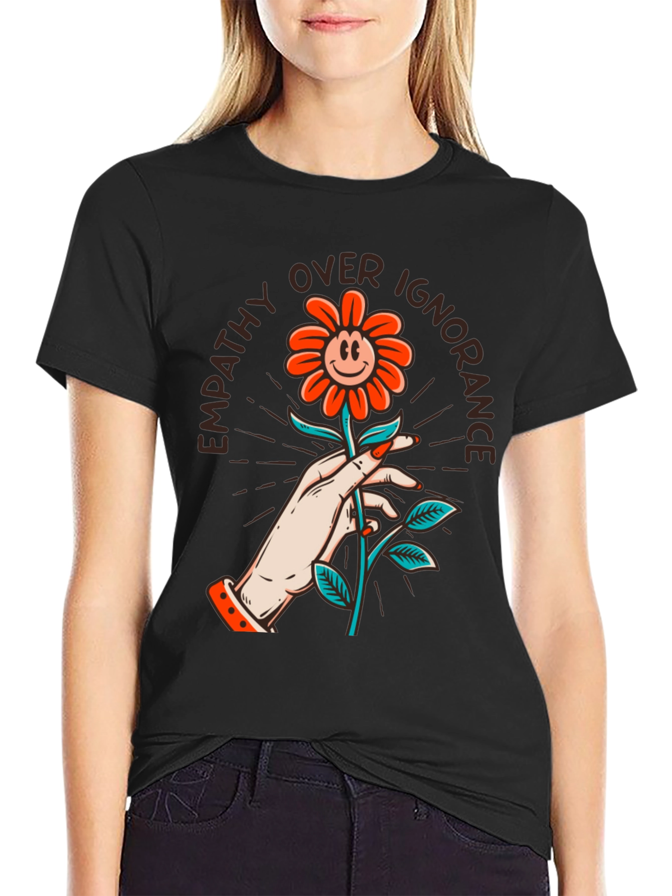 Empathy Over Ignorance Flower Graphic Tee - Black
