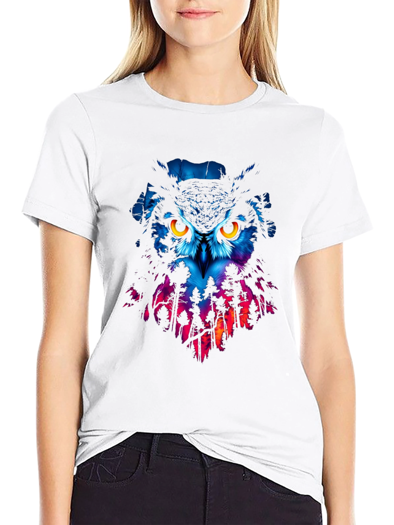 Owl Forest Graphic Print Black T-Shirt