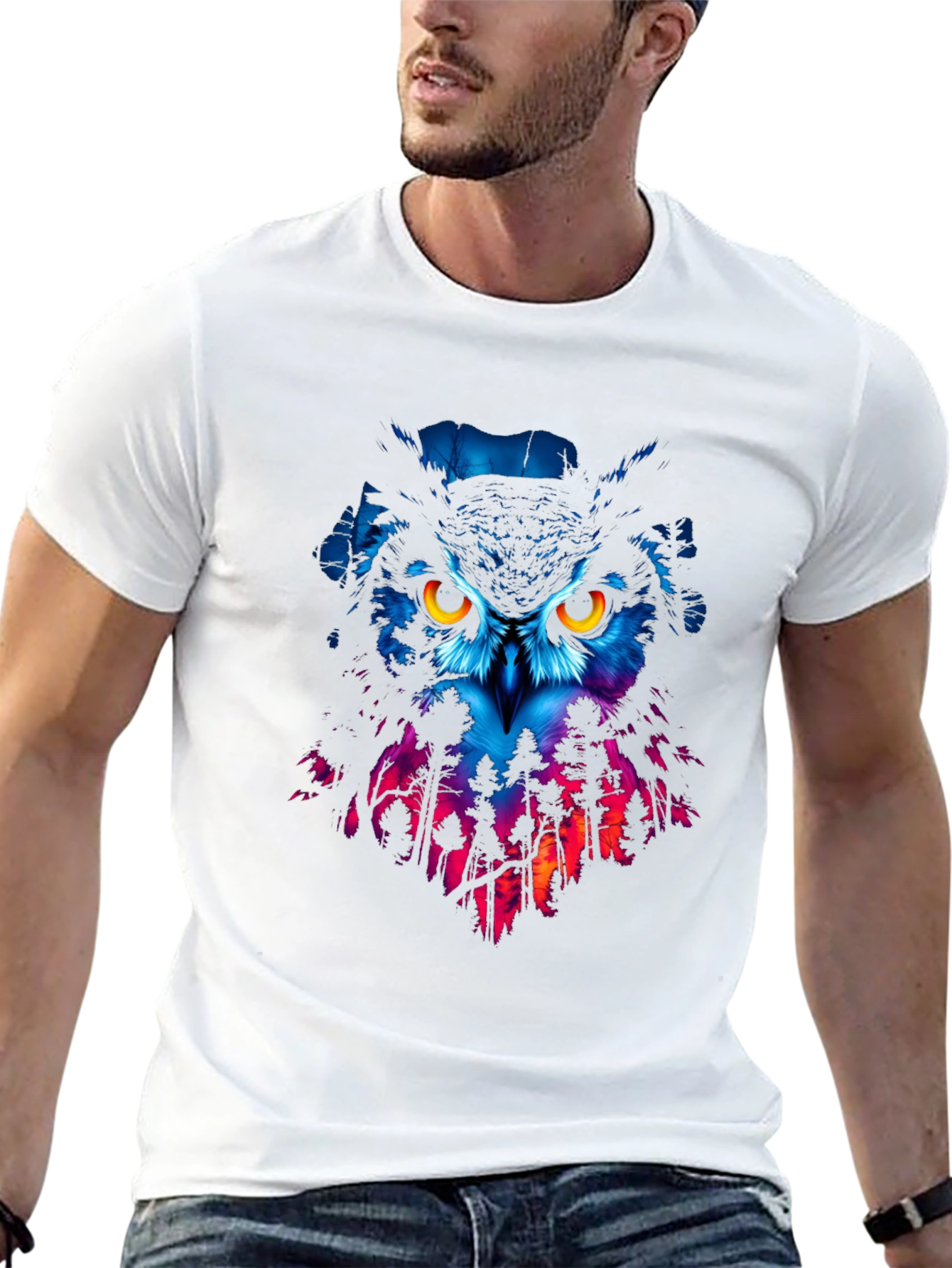 Owl Forest Graphic Print Black T-Shirt