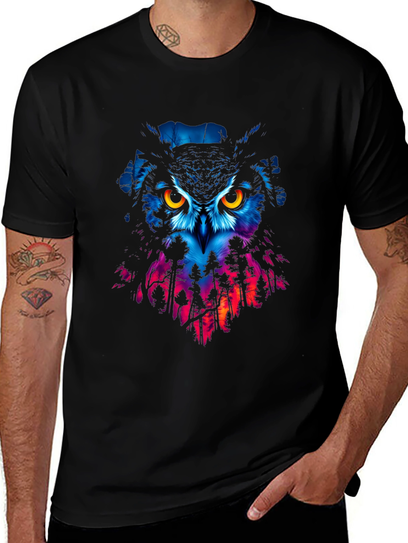 Owl Forest Graphic Print Black T-Shirt