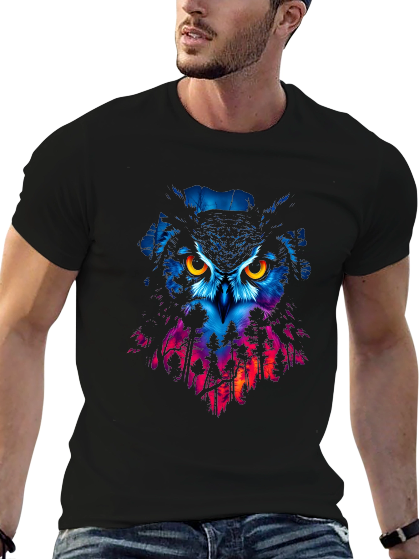 Owl Forest Graphic Print Black T-Shirt