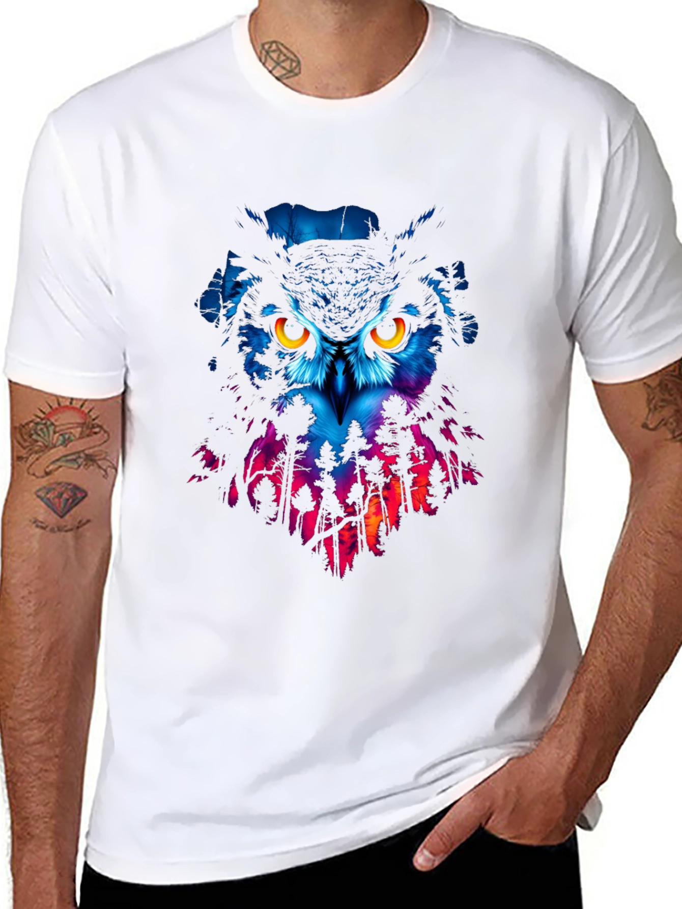 Owl Forest Graphic Print Black T-Shirt