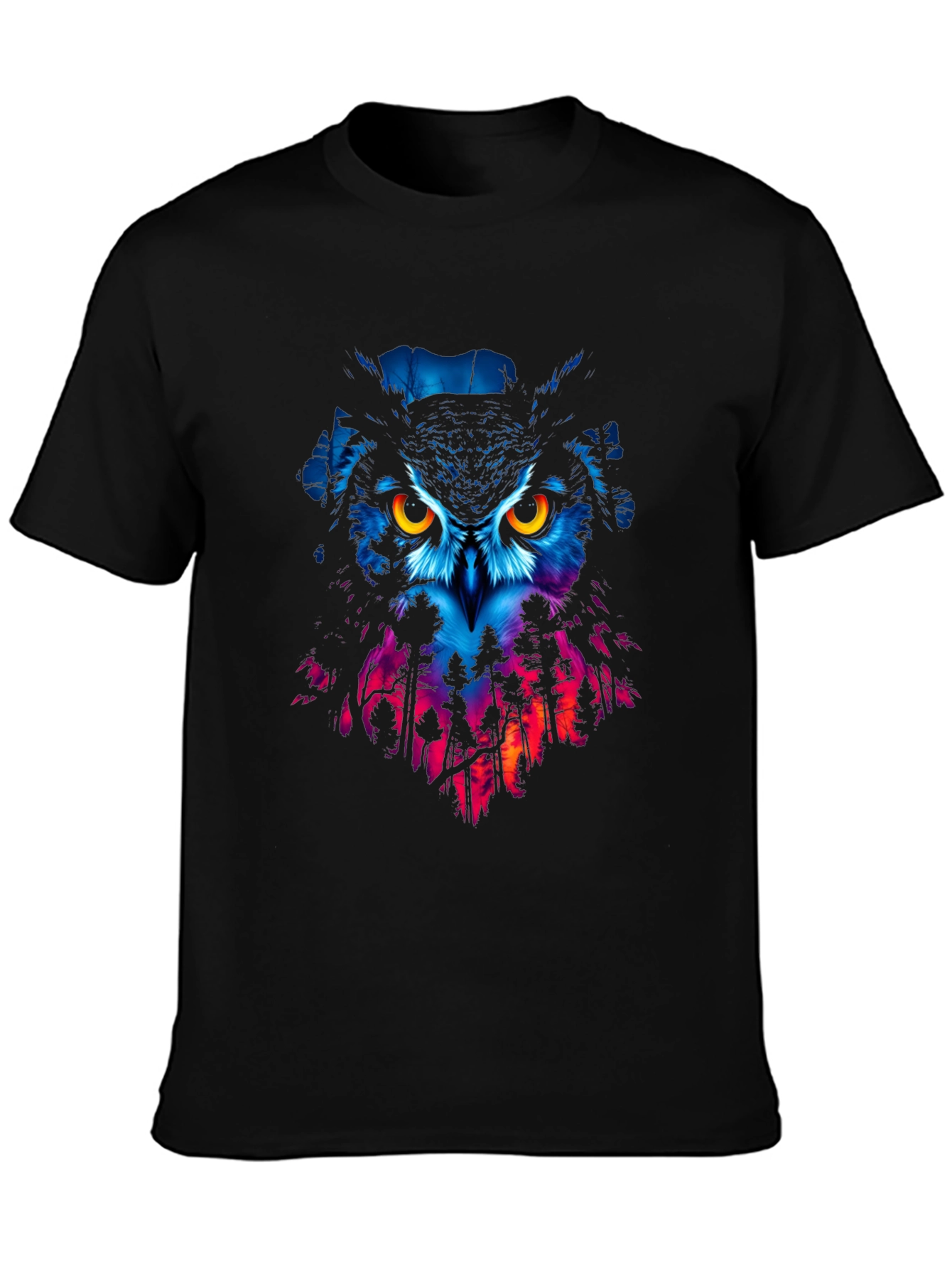 Owl Forest Graphic Print Black T-Shirt