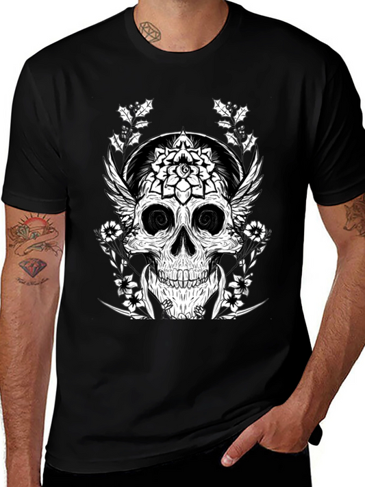 Skull Floral Graphic Tee - Black Crew Neck T-Shirt