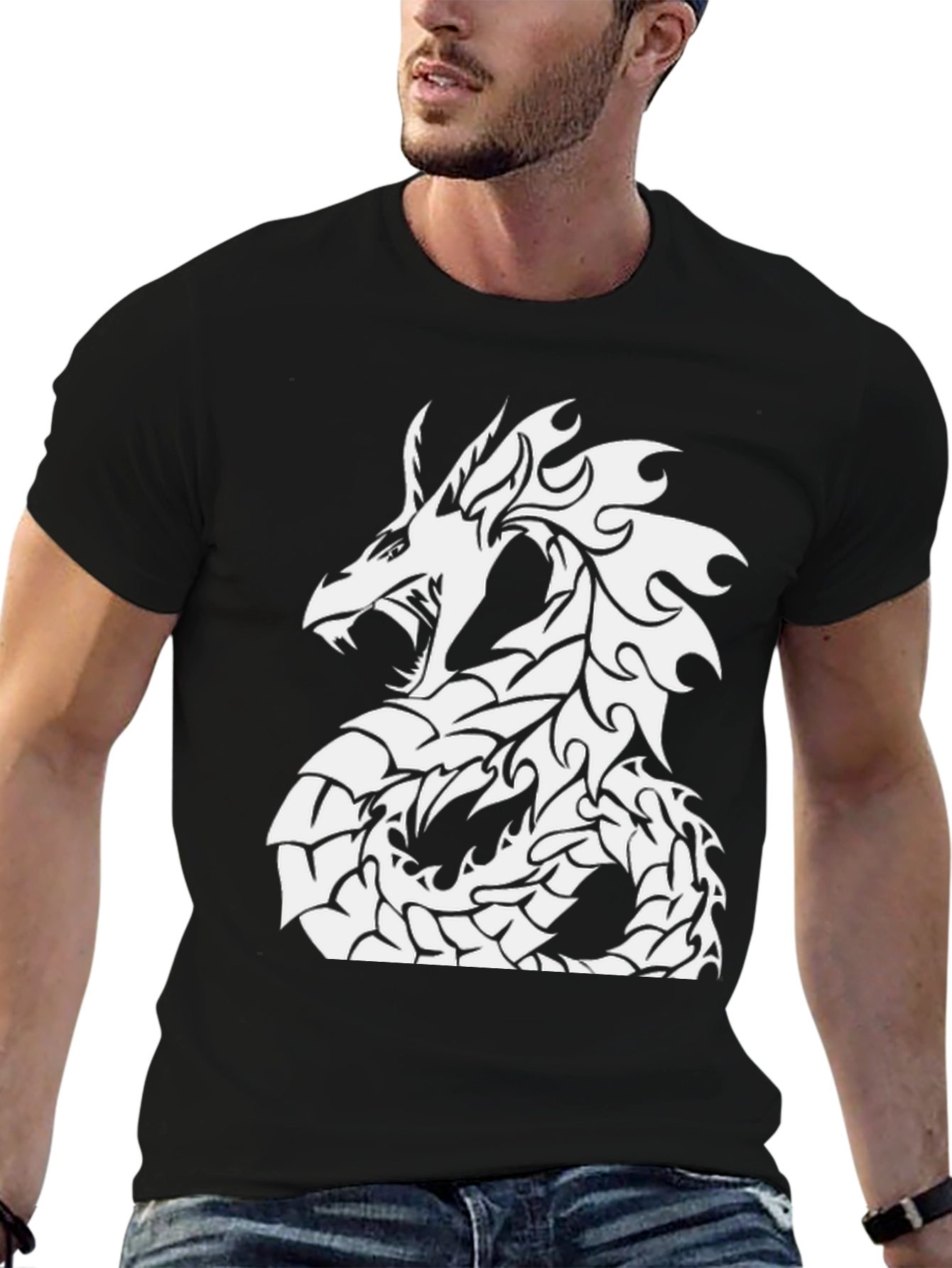 Black T-Shirt with White Dragon Graphic