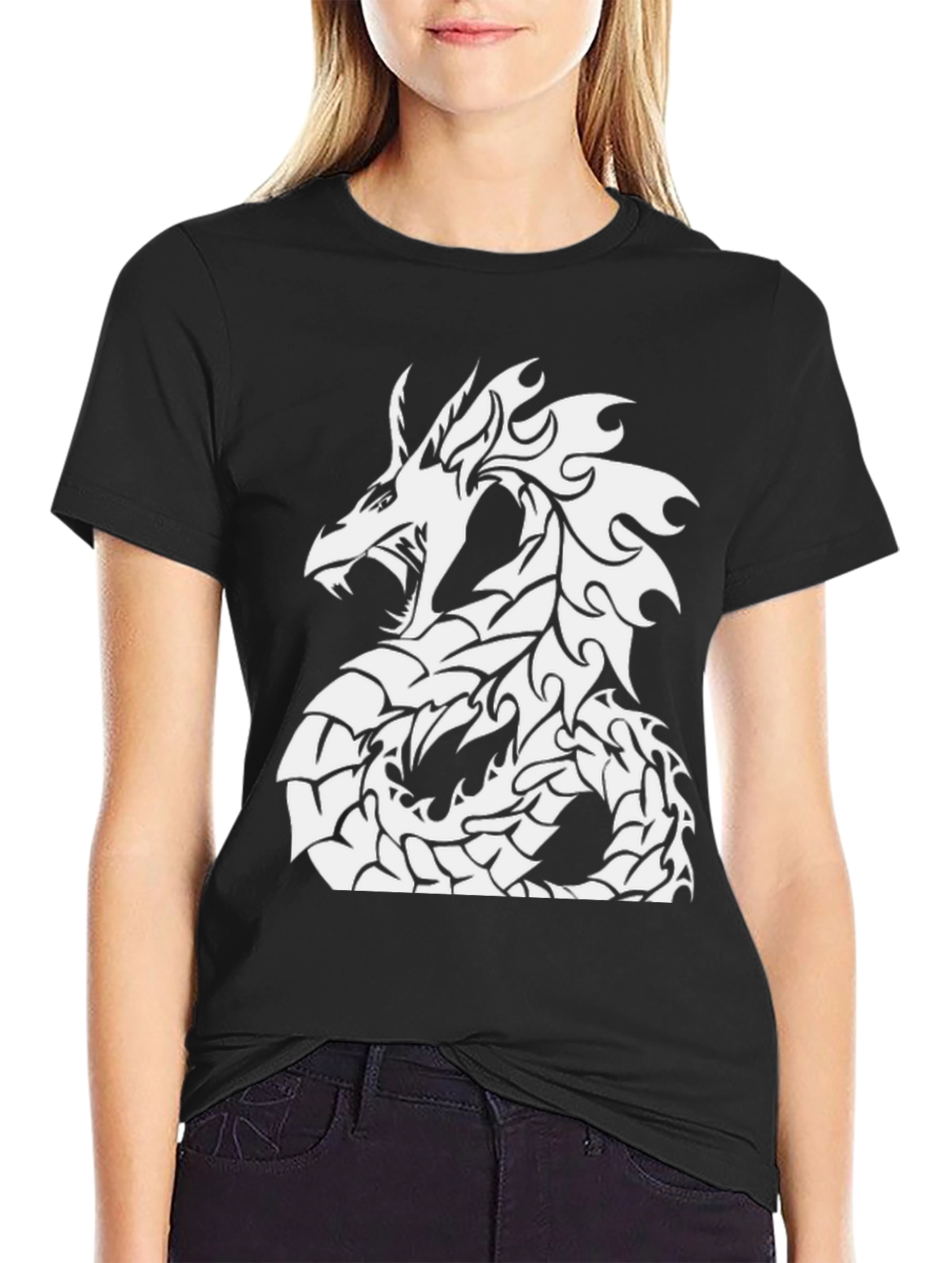 Black T-Shirt with White Dragon Graphic
