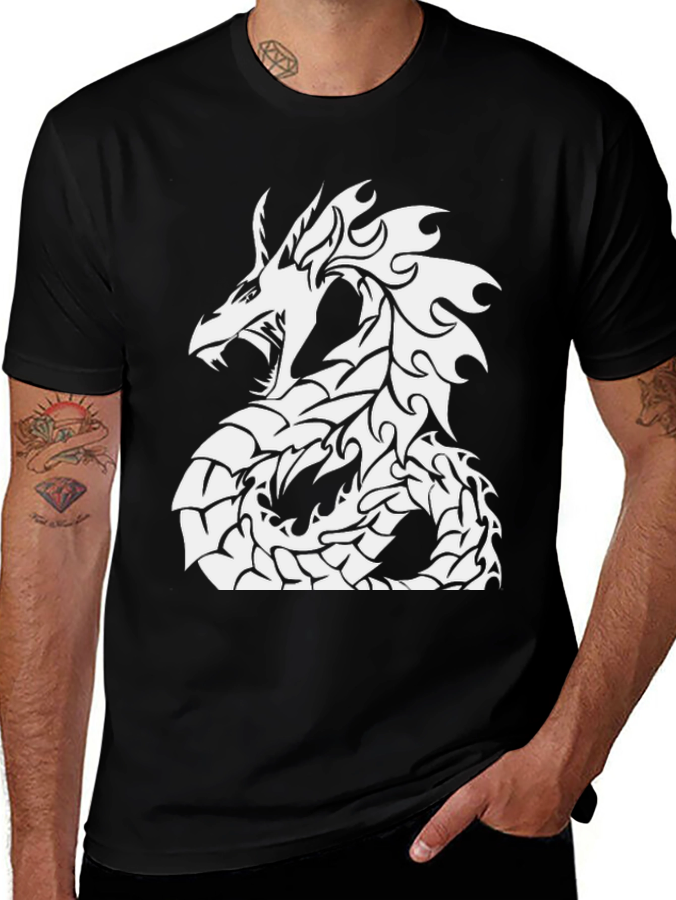 Black T-Shirt with White Dragon Graphic