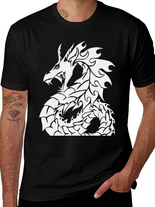 Black T-Shirt with White Dragon Graphic