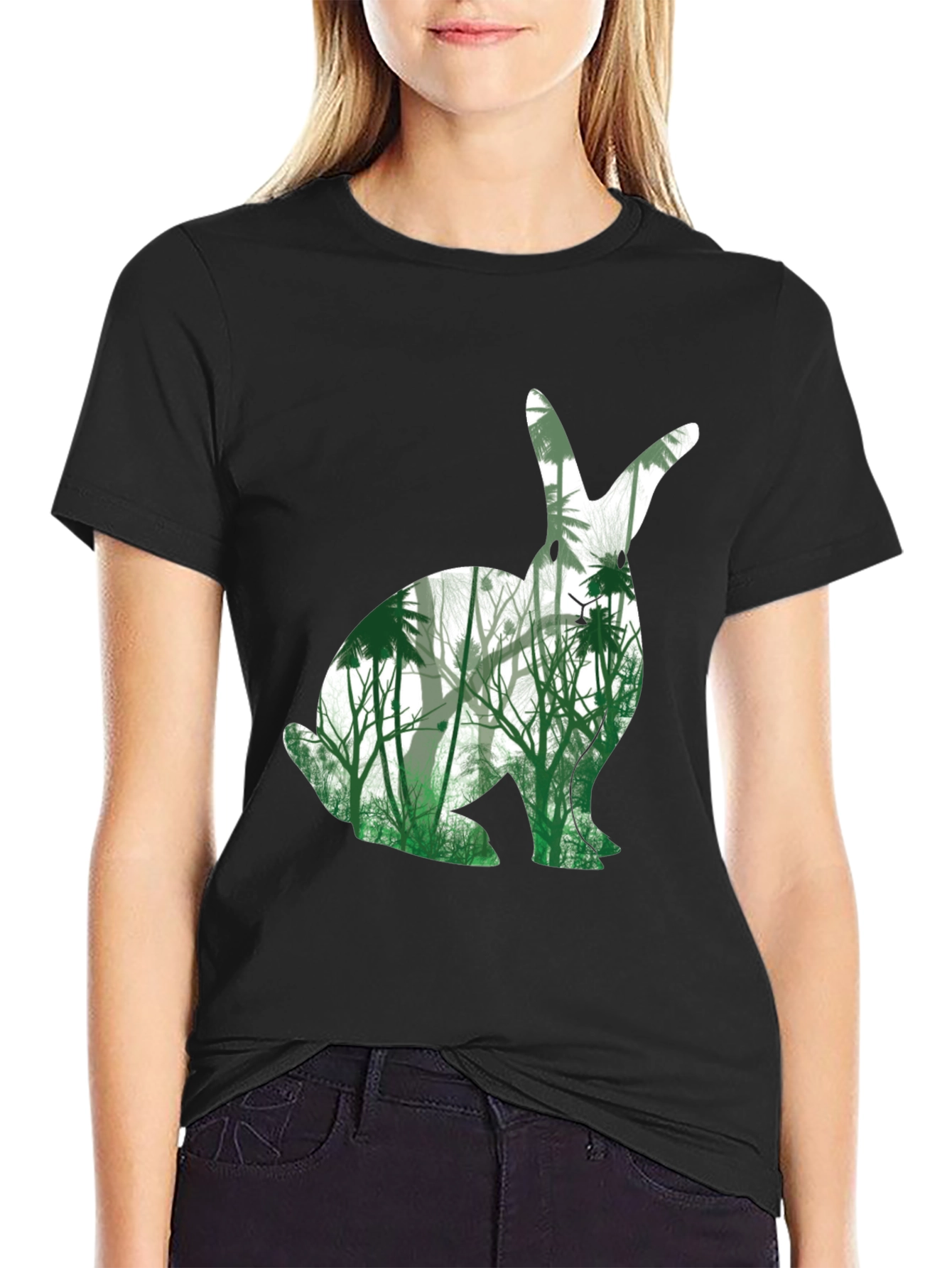 Nature Bunny Graphic Tee - Black Cotton Blend T-Shirt