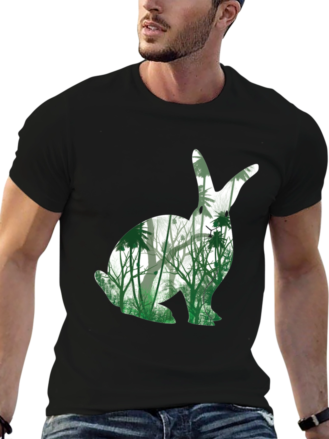 Nature Bunny Graphic Tee - Black Cotton Blend T-Shirt
