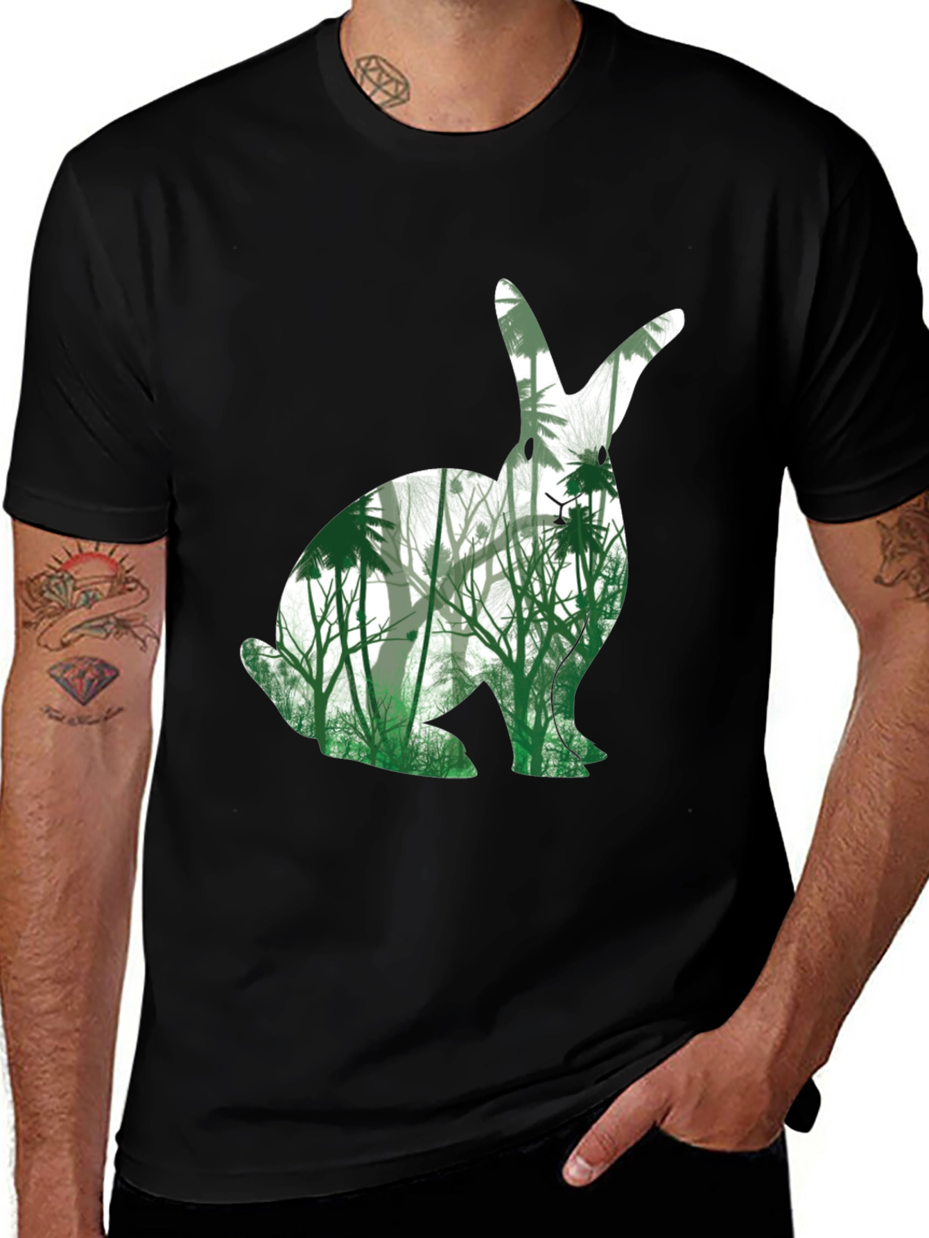 Nature Bunny Graphic Tee - Black Cotton Blend T-Shirt