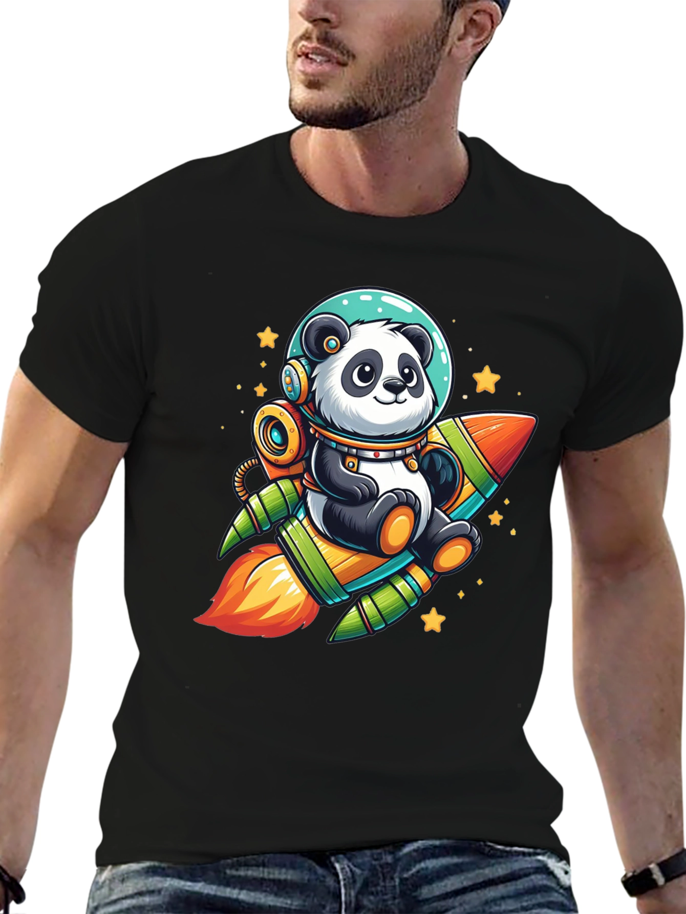 Panda Astronaut Rocket Black T-Shirt