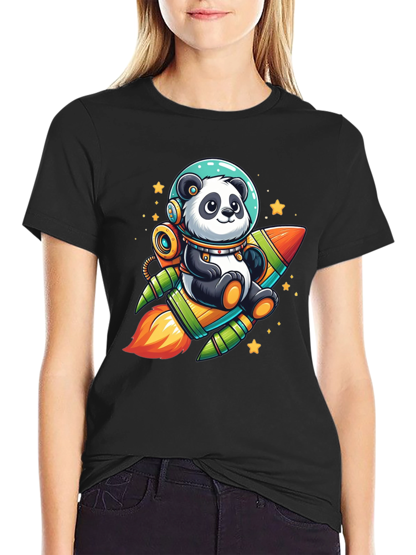 Panda Astronaut Rocket Black T-Shirt