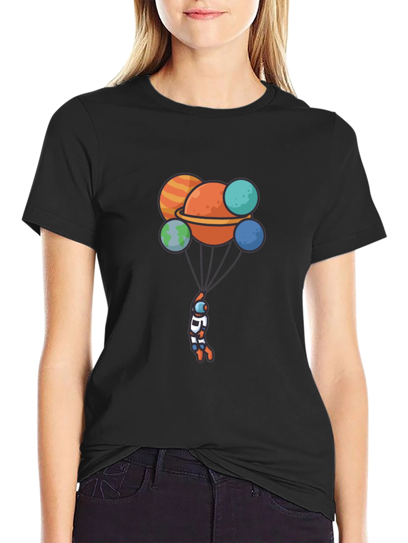 Astronaut Planet Balloon Graphic Black T-Shirt