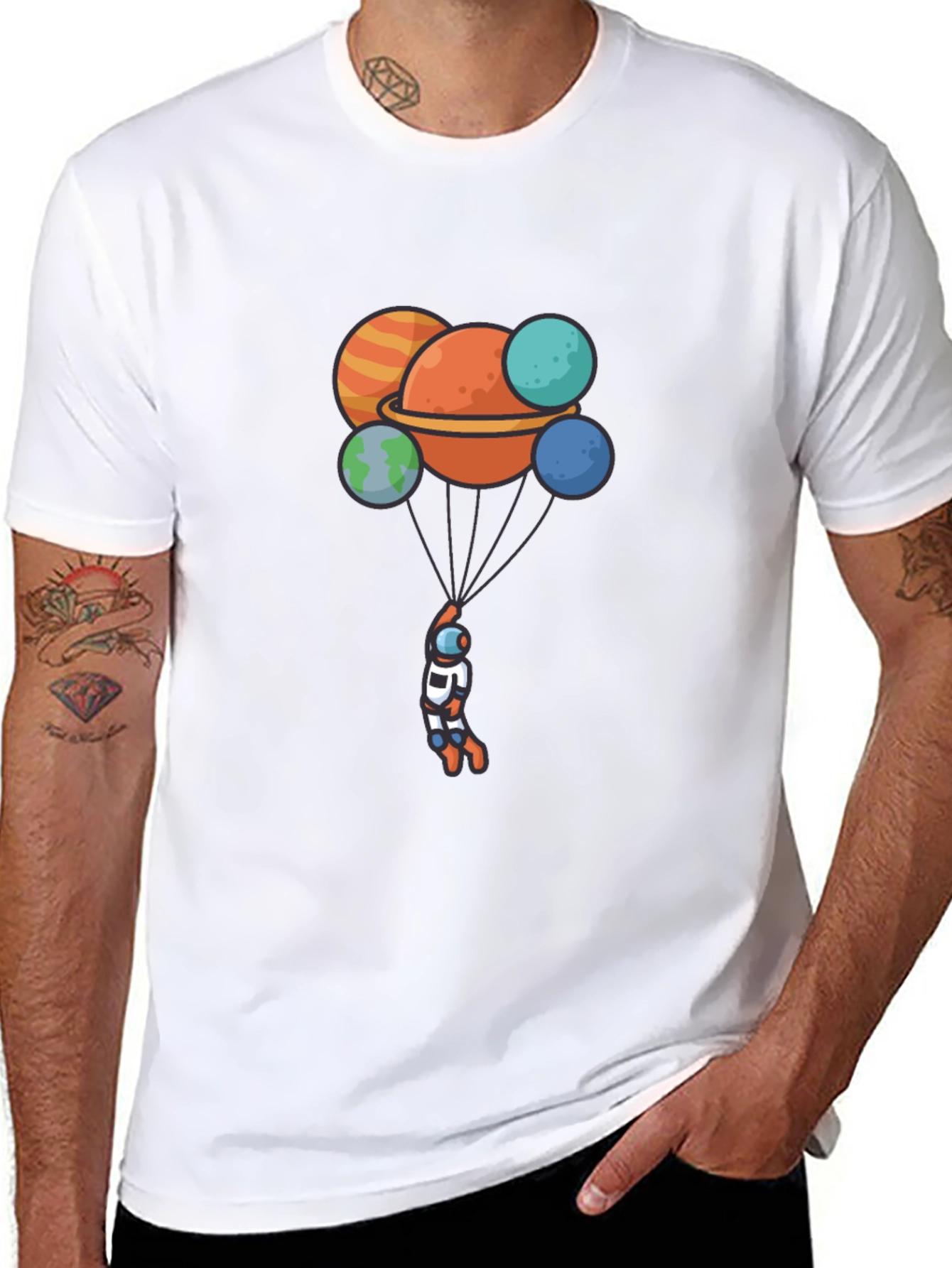 Astronaut Planet Balloon Graphic Black T-Shirt