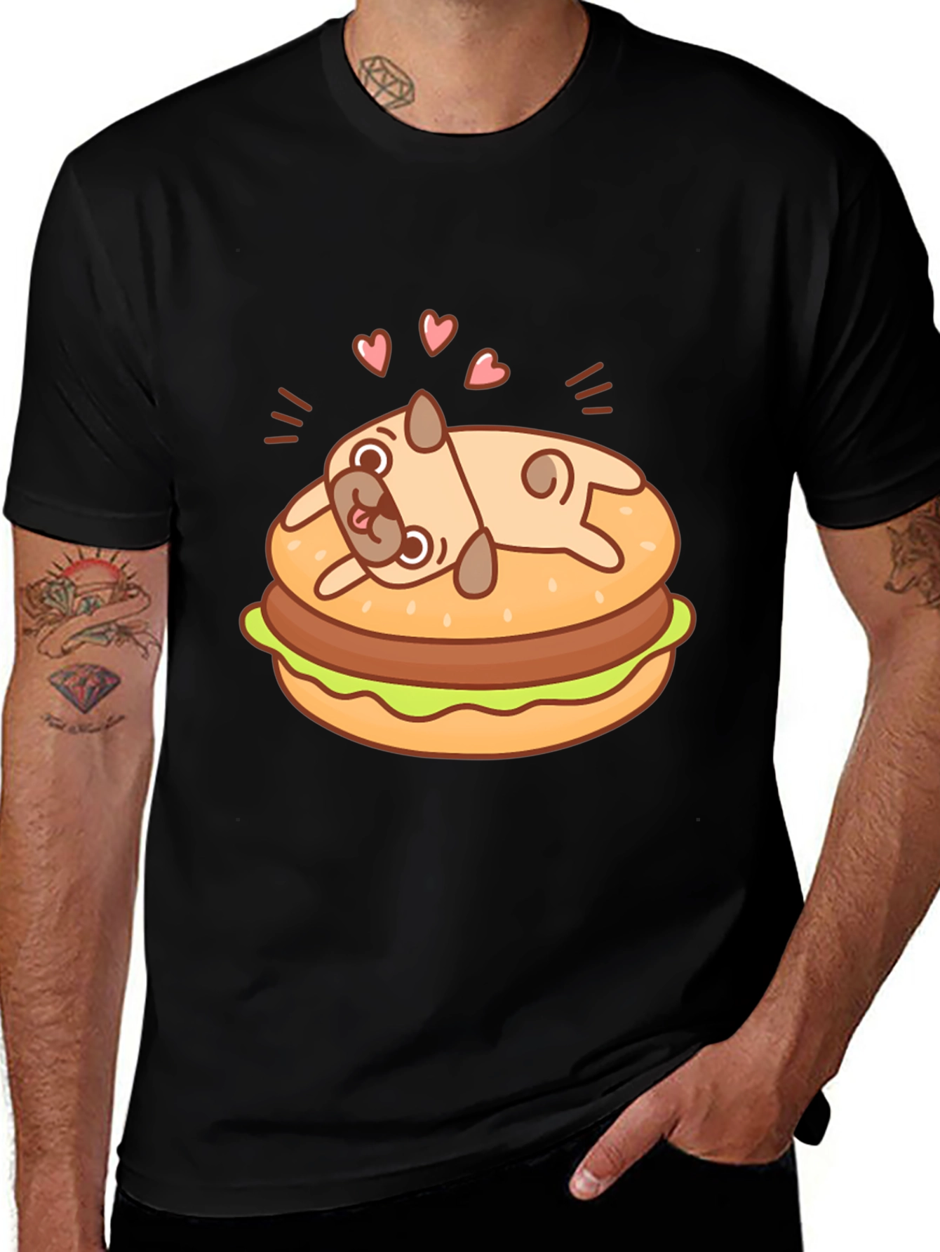 Pug Burger T-Shirt - Black Cute Graphic Tee