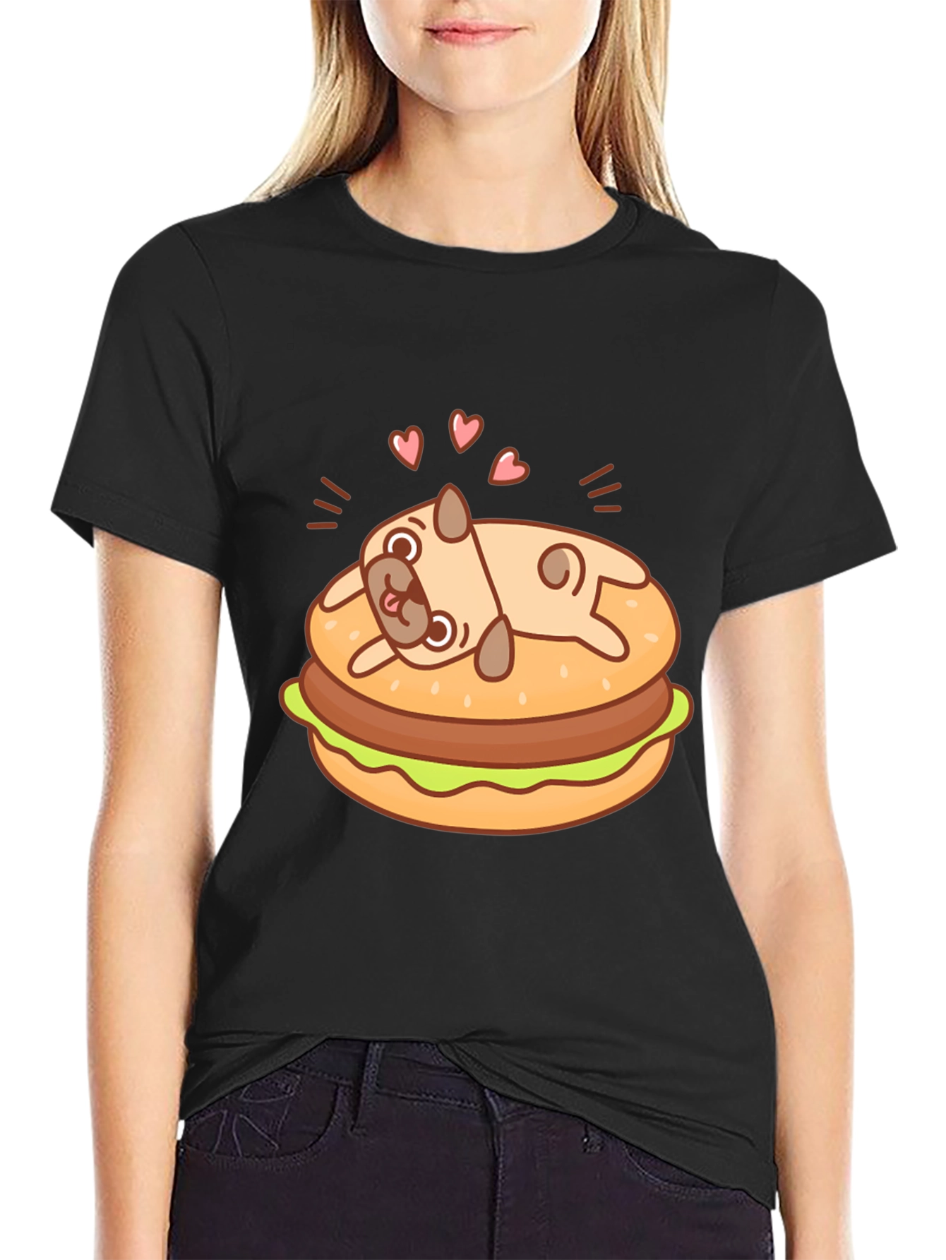 Pug Burger T-Shirt - Black Cute Graphic Tee