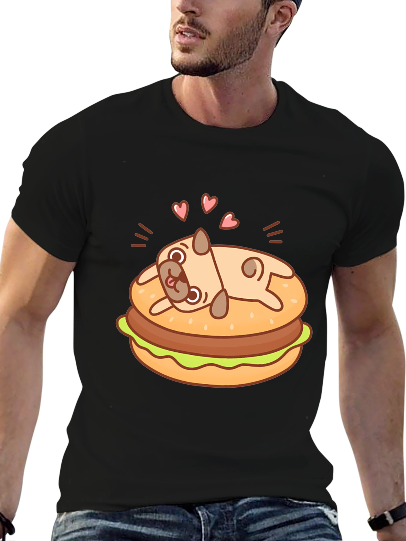 Pug Burger T-Shirt - Black Cute Graphic Tee