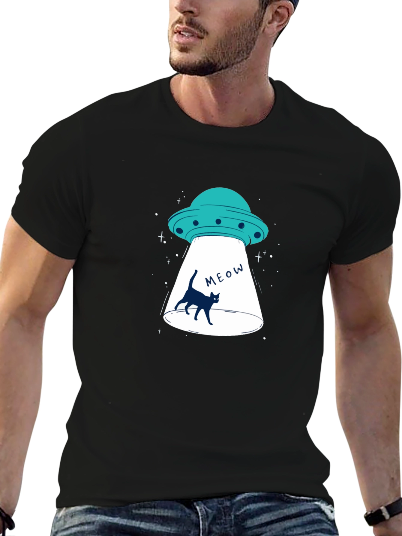 Alien Abduction Cat T-Shirt - Black