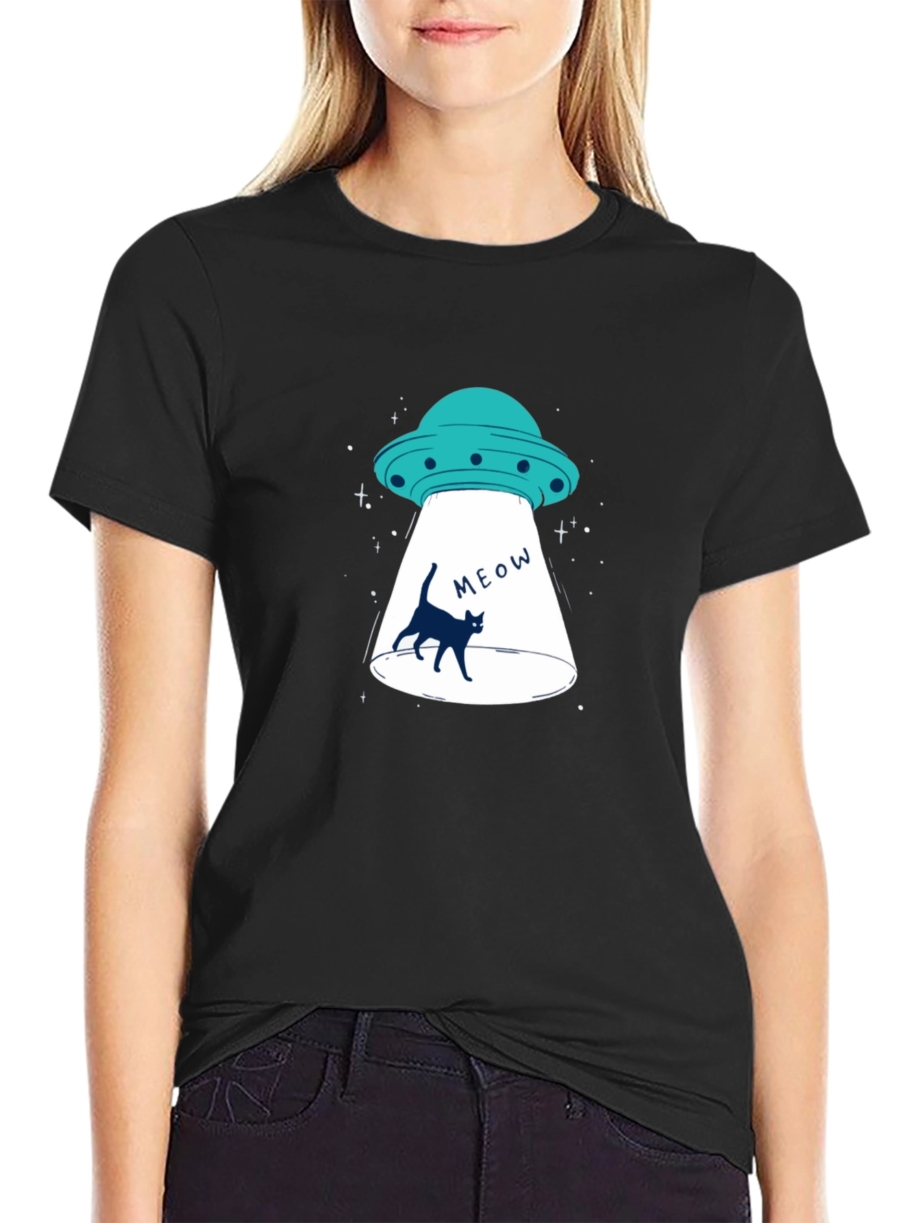 Alien Abduction Cat T-Shirt - Black