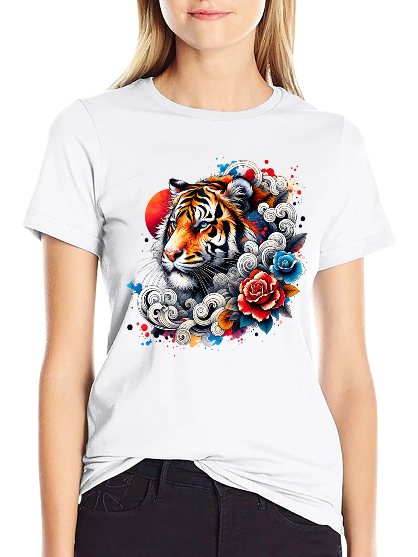 Tiger Floral Graphic Print Black T-Shirt