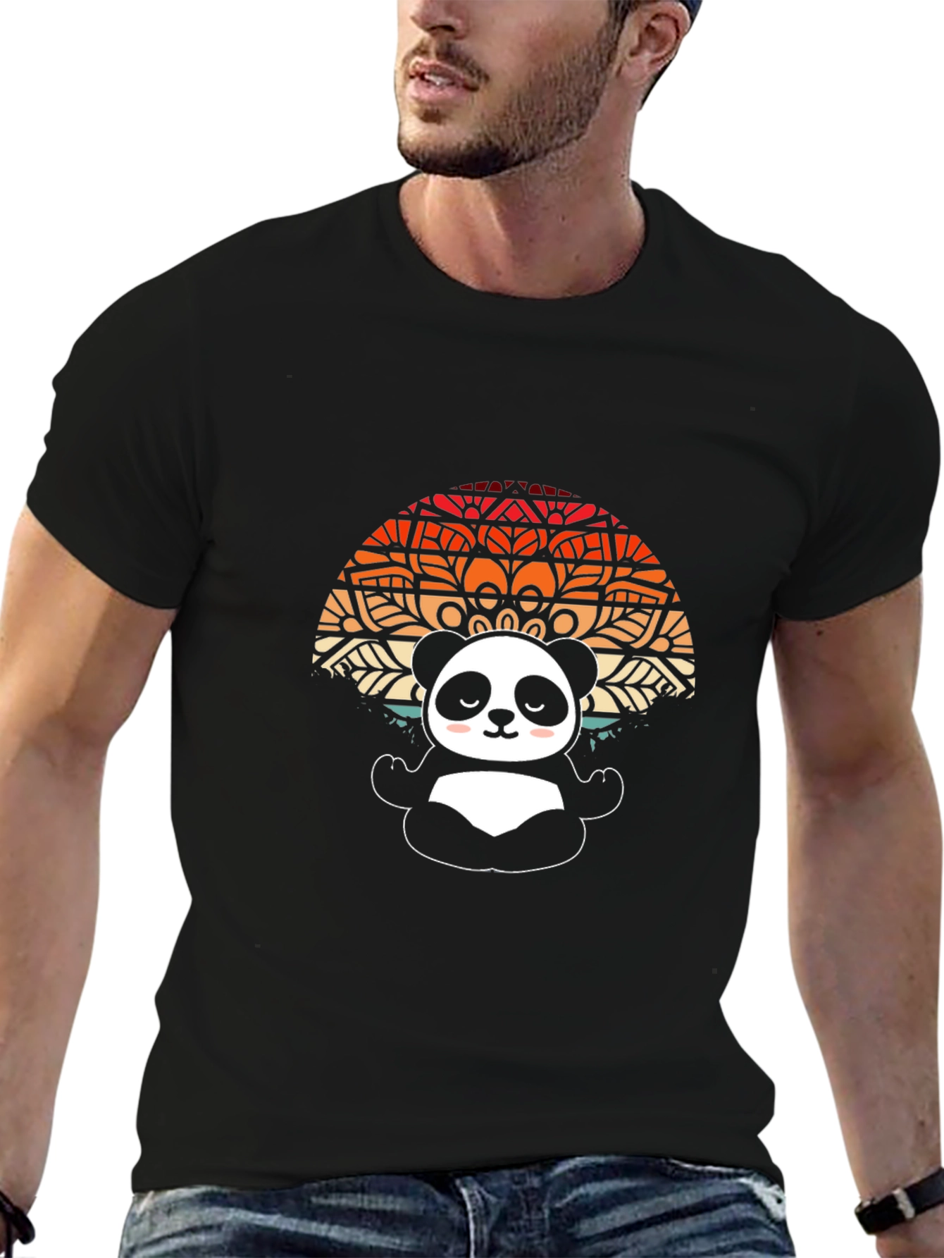 Cute Meditating Panda Mandala Black T-Shirt