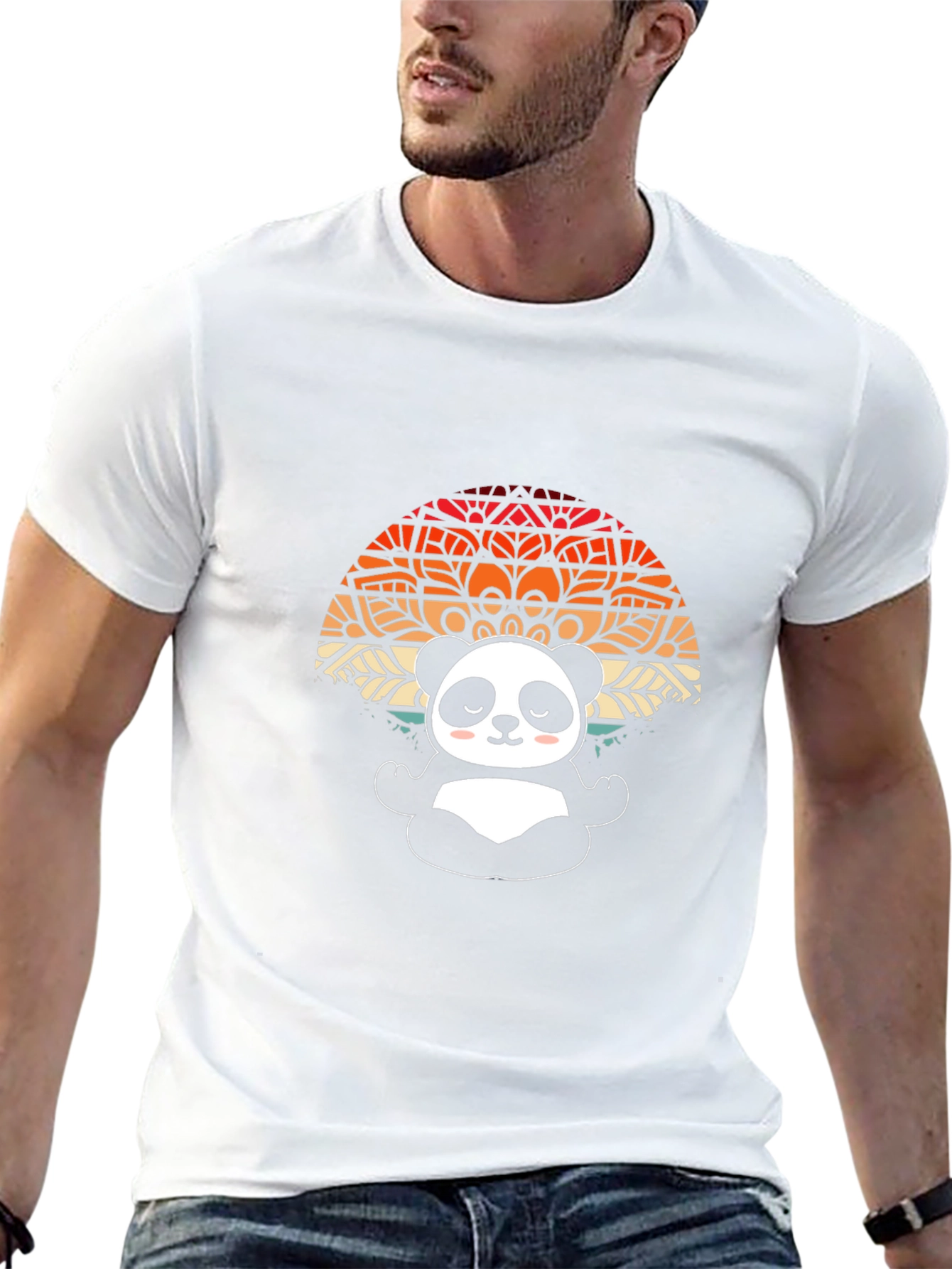 Cute Meditating Panda Mandala Black T-Shirt