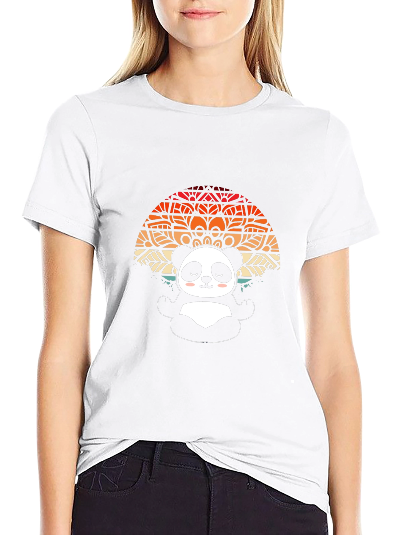 Cute Meditating Panda Mandala Black T-Shirt