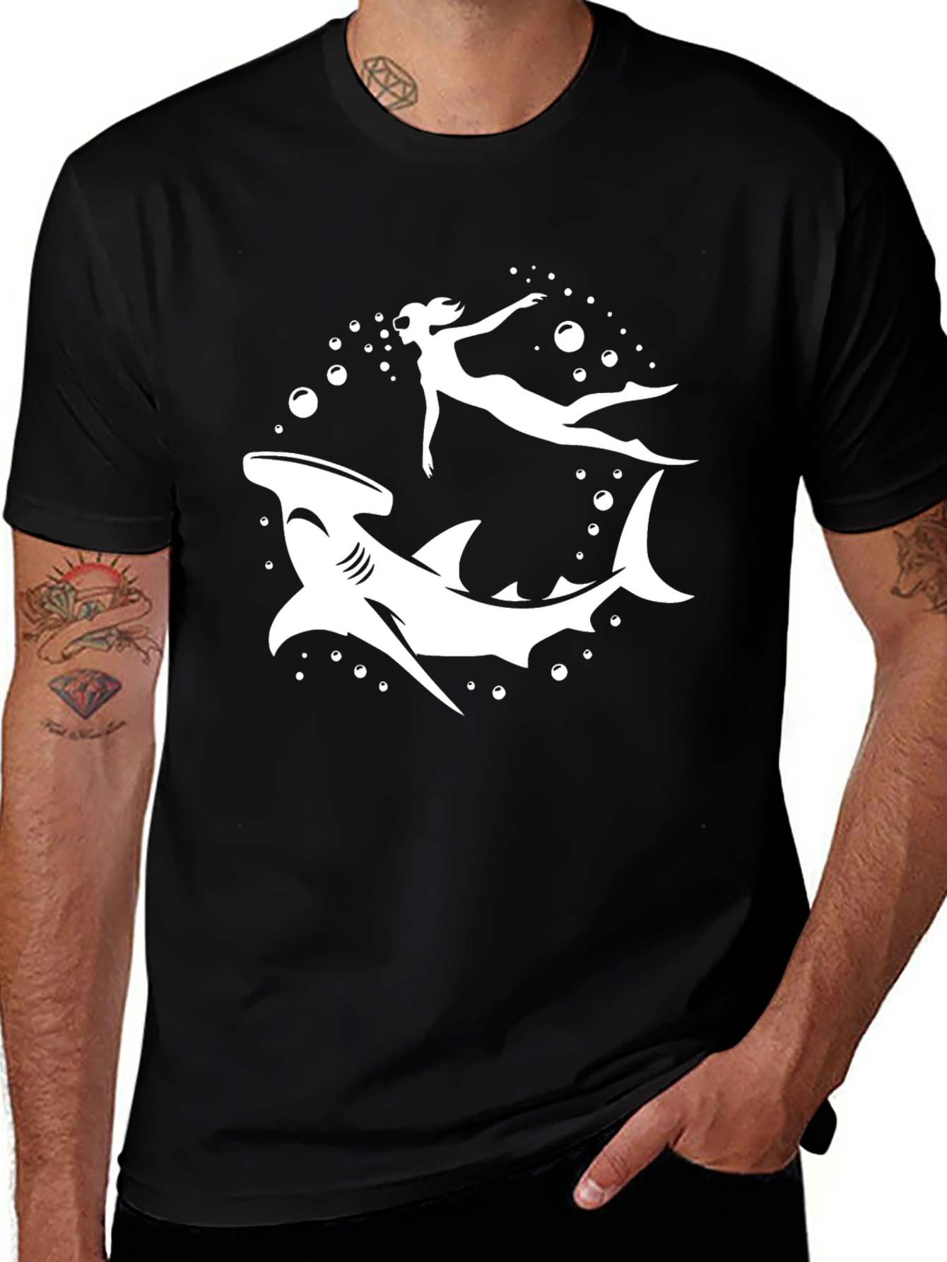 Hammerhead Shark & Diver Black Graphic T-Shirt