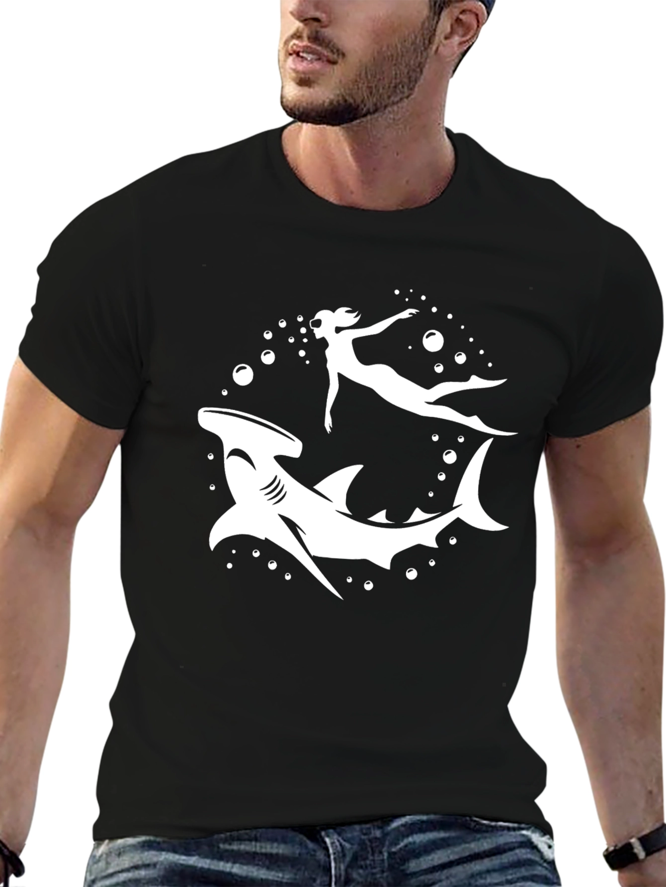 Hammerhead Shark & Diver Black Graphic T-Shirt