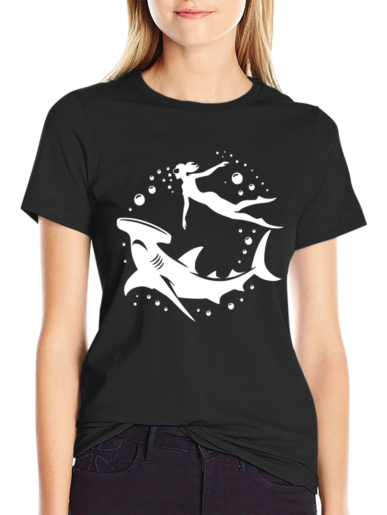Hammerhead Shark & Diver Black Graphic T-Shirt