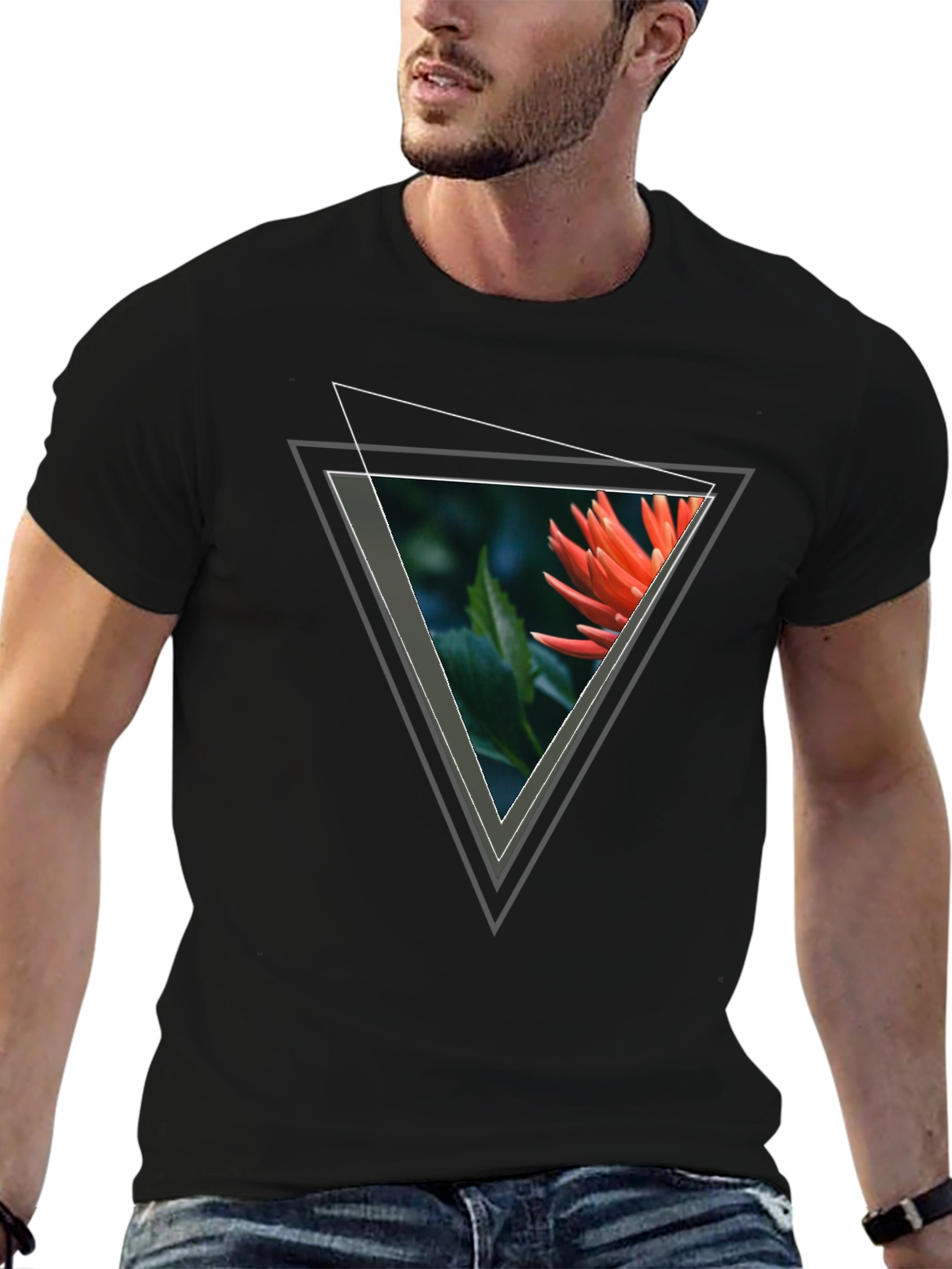 Geometric Floral Triangle Graphic Tee - Black
