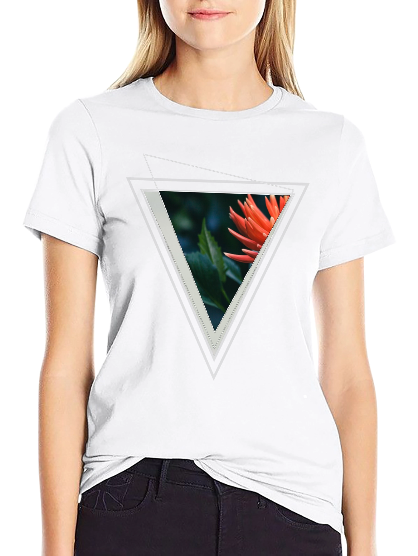 Geometric Floral Triangle Graphic Tee - Black