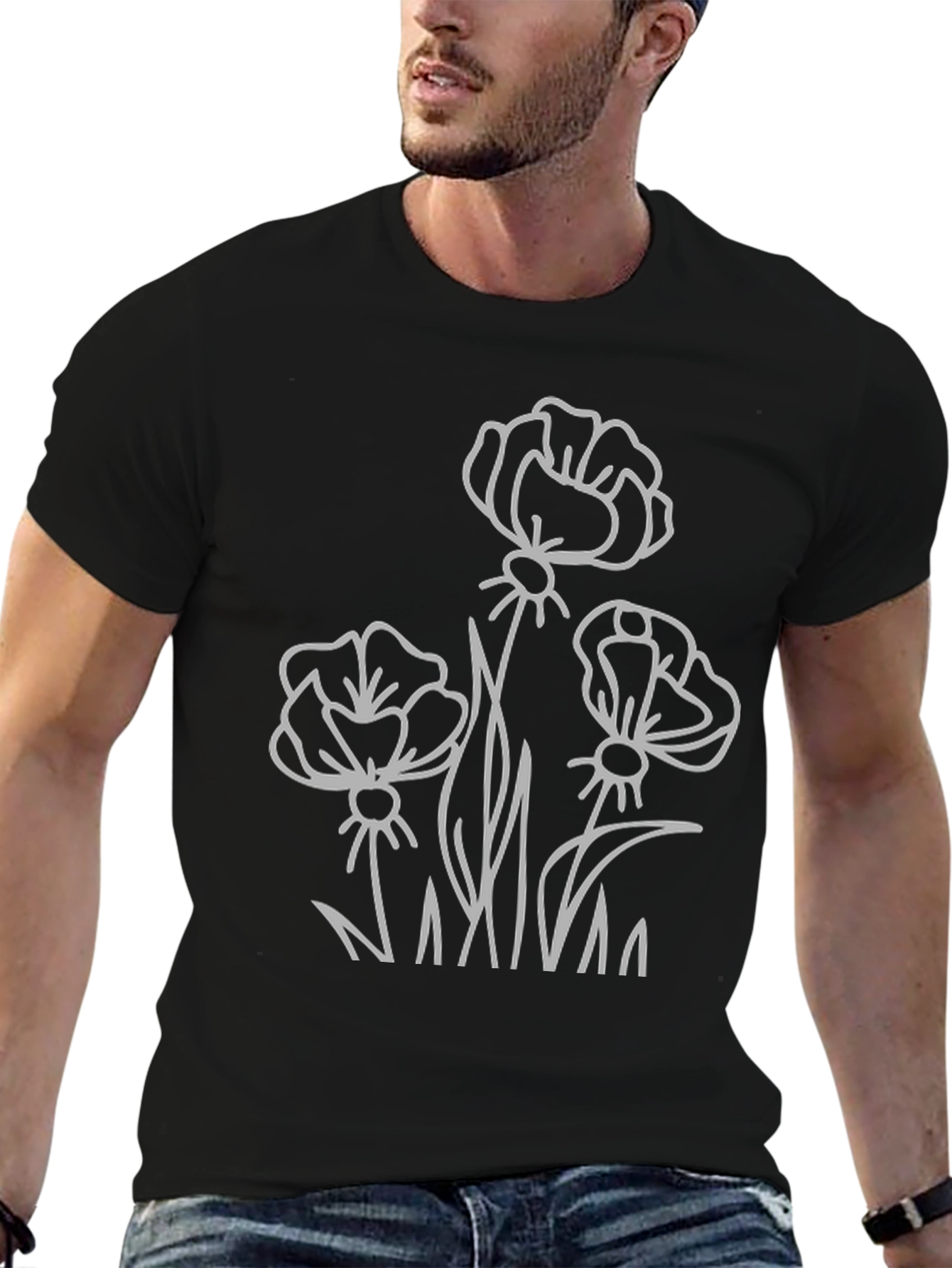Floral Outline Graphic T-Shirt - Black