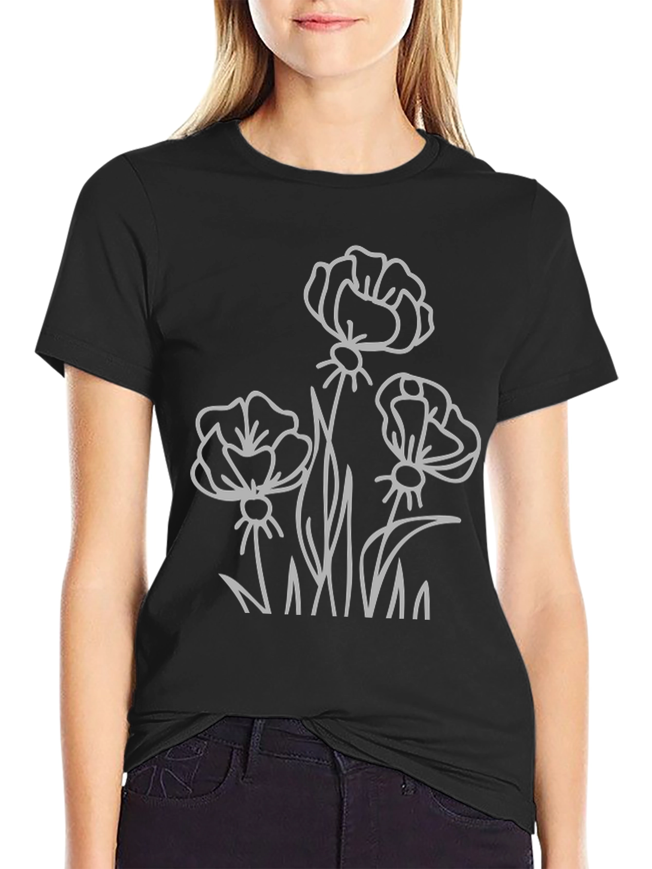 Floral Outline Graphic T-Shirt - Black