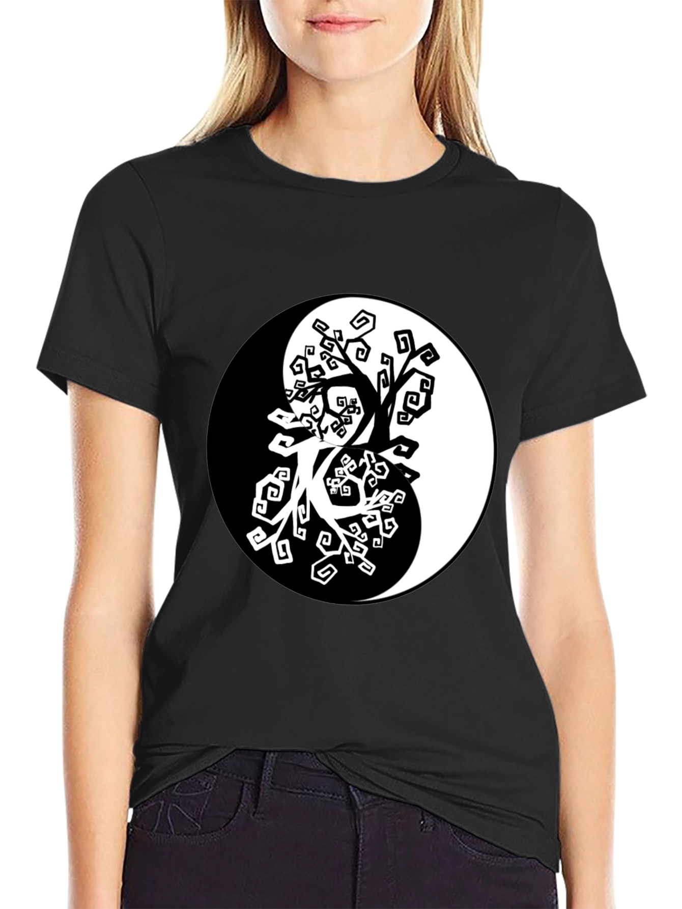 Yin Yang Tree Graphic Black T-Shirt