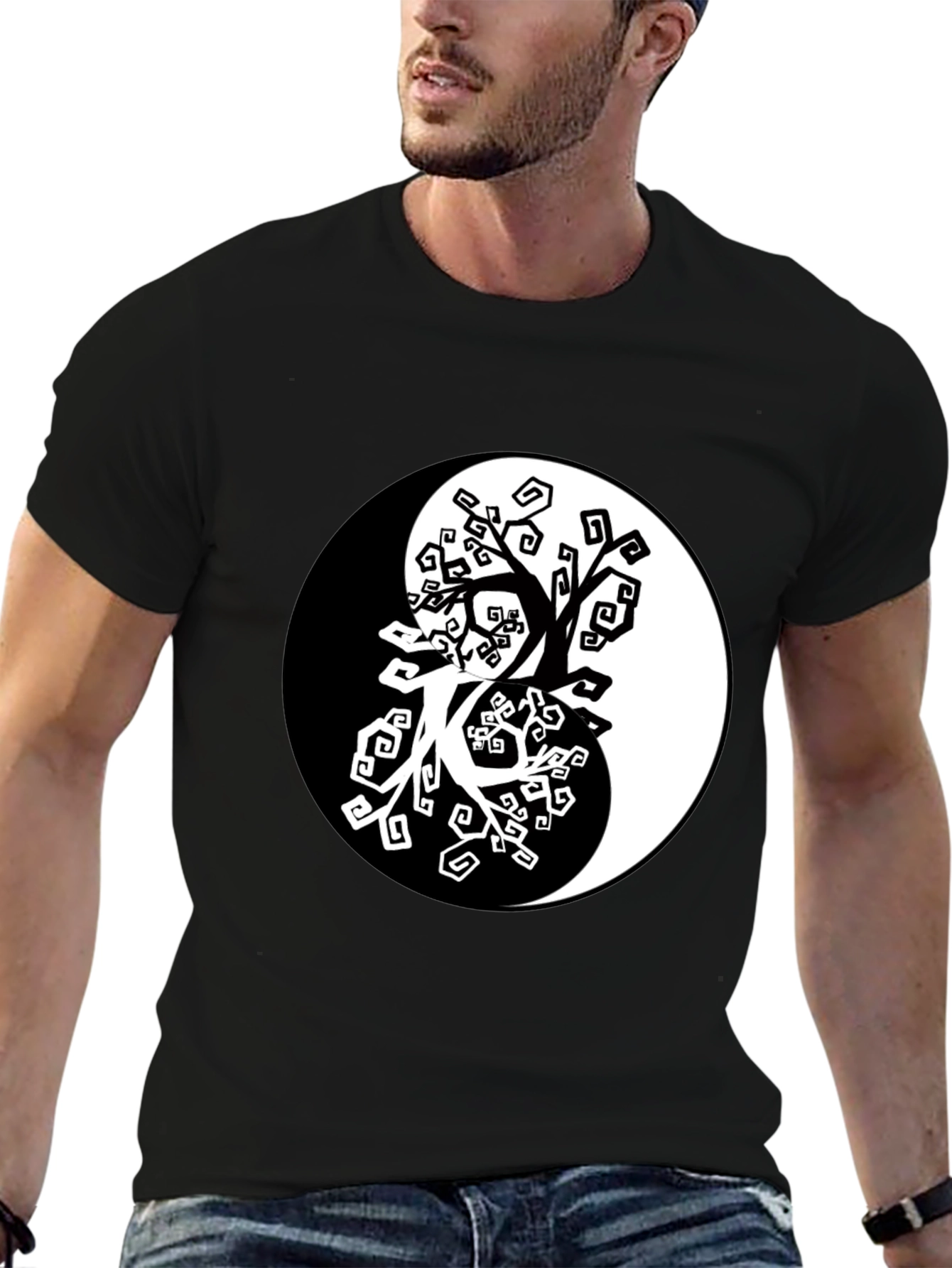 Yin Yang Tree Graphic Black T-Shirt