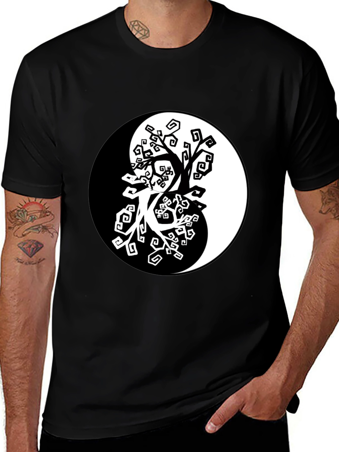 Yin Yang Tree Graphic Black T-Shirt