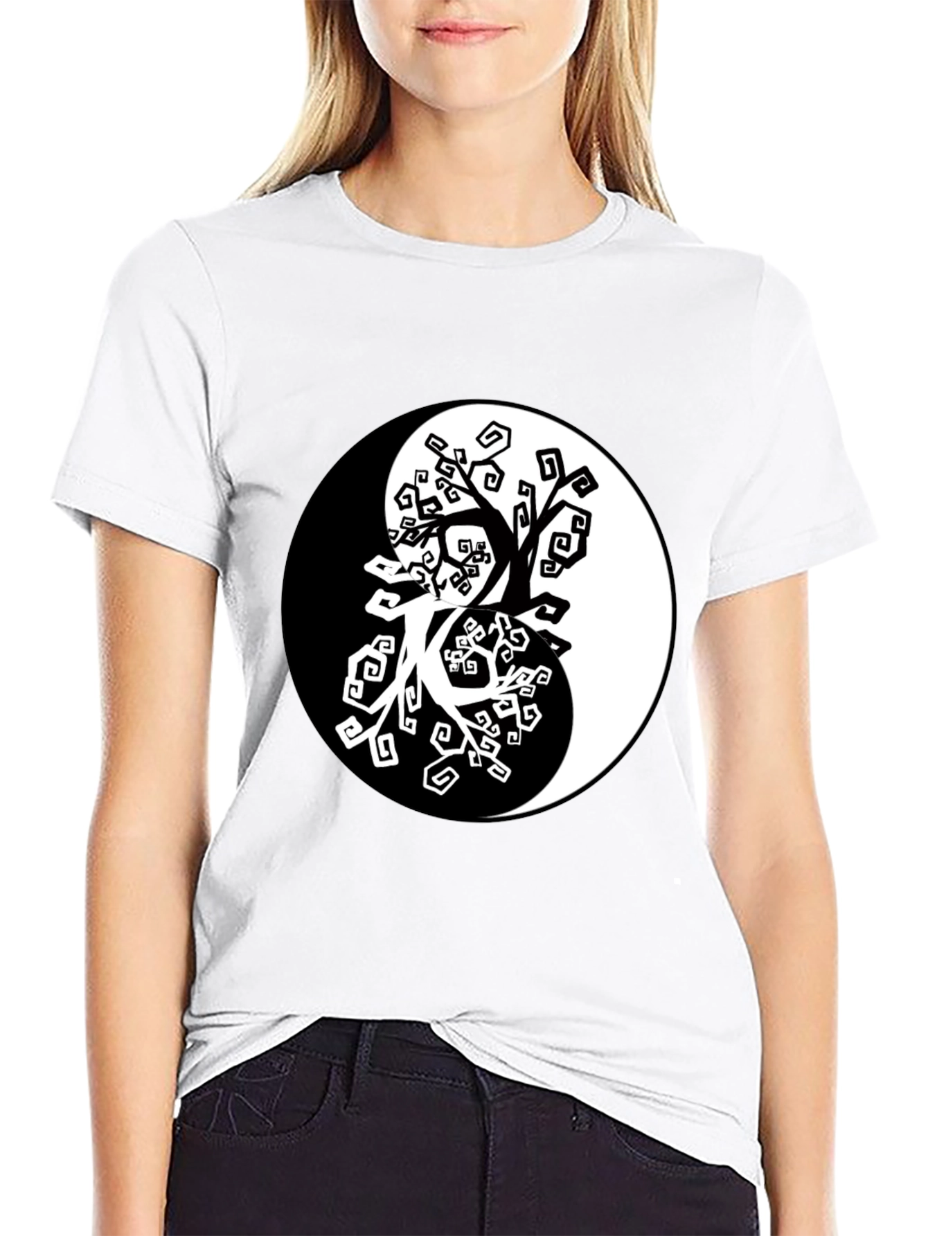 Yin Yang Tree Graphic Black T-Shirt