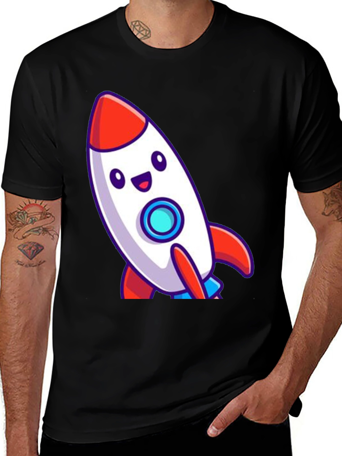 Cute Cartoon Rocket T-Shirt - Black Cotton Blend