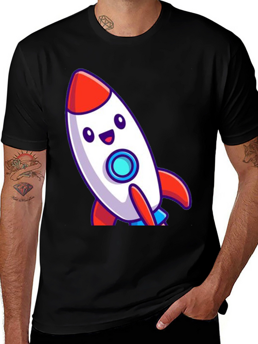 Cute Cartoon Rocket T-Shirt - Black Cotton Blend