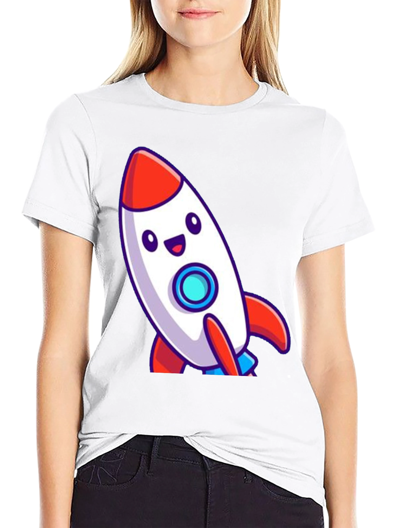 Cute Cartoon Rocket T-Shirt - Black Cotton Blend
